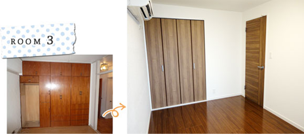 壁一面を覆っていた収納をすっきりとさせ、落ち着いた色の建具を採用したことでスタイリッシュになった居住スペース。