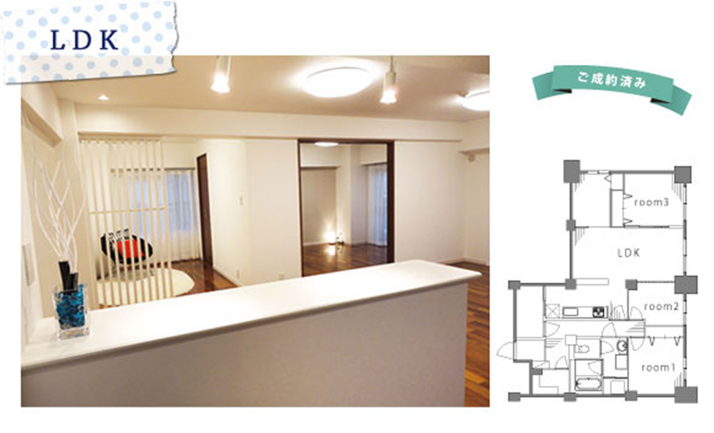 江戸川区清新町でリノベーションを行った約91平米の3LDK+Sの住まい。バリアフリーと遮音環境を整えたゆったりとした開放的なリビングの様子。