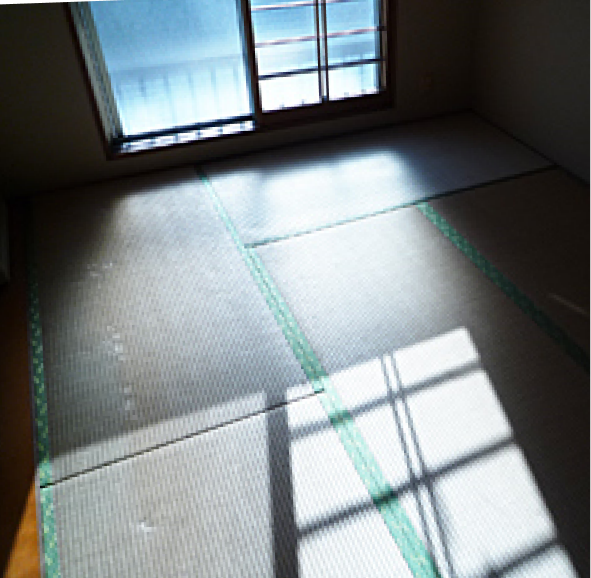 修復前の状態。和室の古い畳は全体的に色がくすんでおり、表面に傷みや汚れが見られる。窓からの光が差し込んでいる。