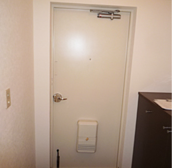 修復後の状態。左側のドアと同じドアが、まるで新品のように綺麗に修復され、白く滑らかな塗装面となっている。汚れはすべて除去され、ドアノブも磨き上げられている。