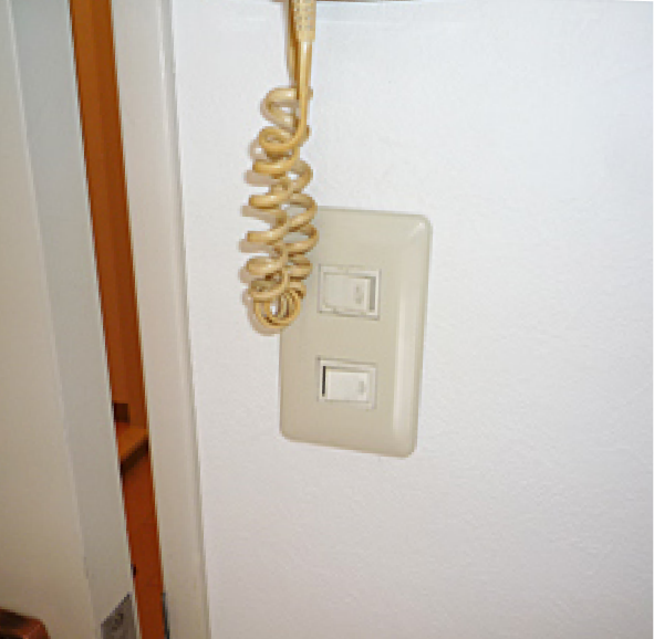 交換後の電気スイッチ。装飾的なプレートが撤去され、壁紙の色に馴染むシンプルな新しいプレートに交換されている。周辺も清掃され、すっきりとした印象になっている。