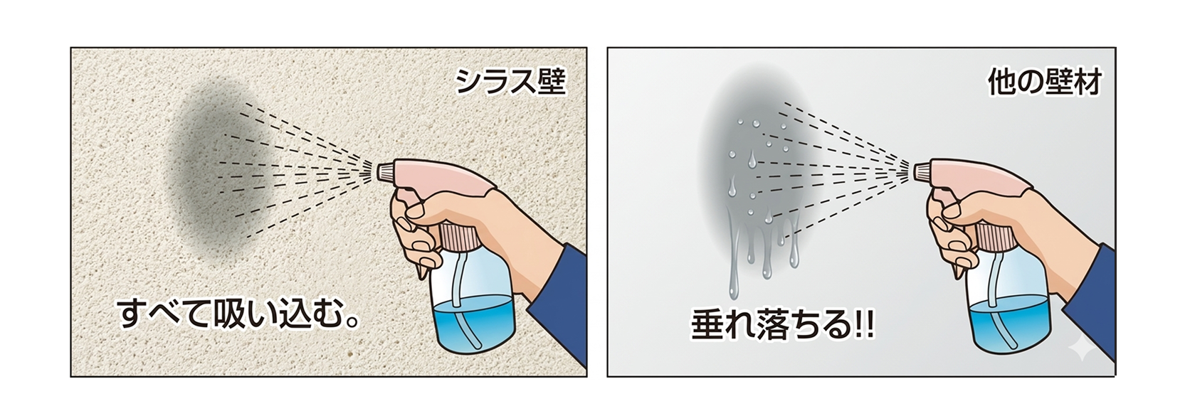 水をスプレーした際の、吸水力に優れたシラス壁と水分が垂れ落ちる他の壁材との比較イラスト